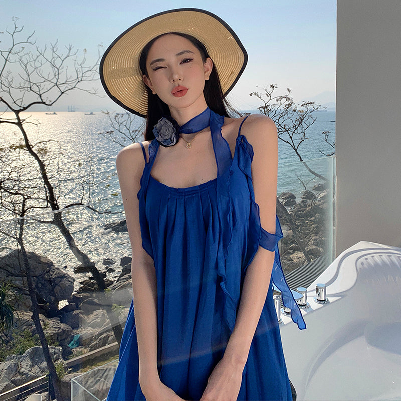 CM-DY037612 Women Trendy Bohemian Style Strap Neckline Sleeveless Maxi Dress - Blue