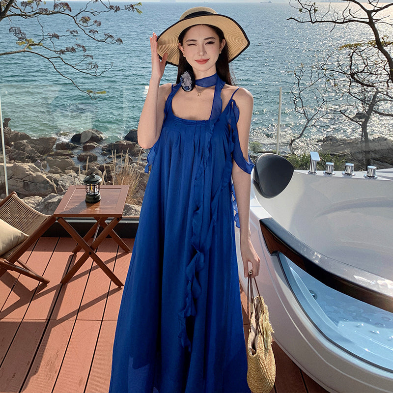 CM-DY037612 Women Trendy Bohemian Style Strap Neckline Sleeveless Maxi Dress - Blue