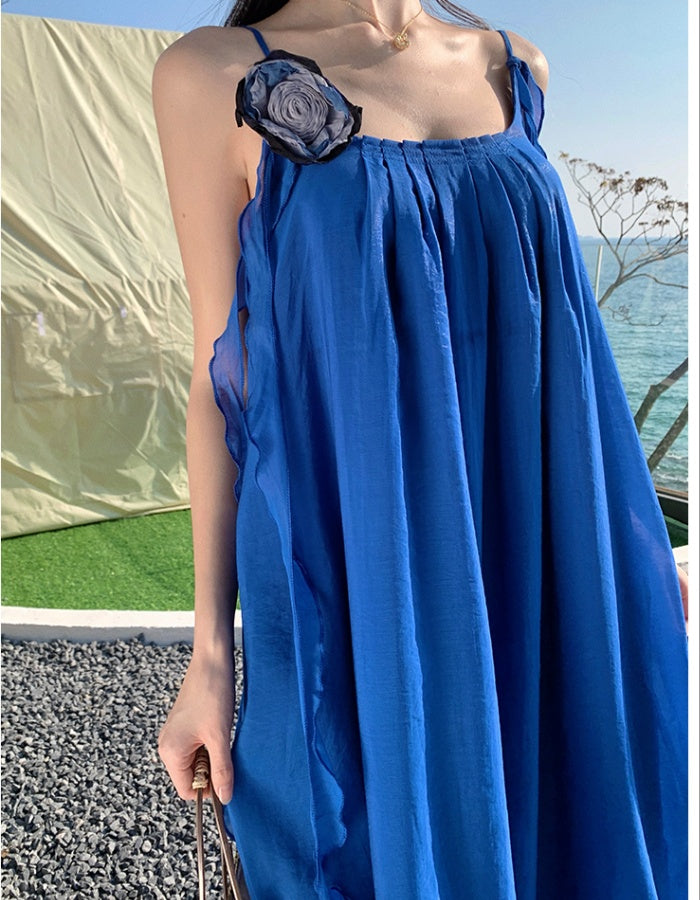 CM-DY037612 Women Trendy Bohemian Style Strap Neckline Sleeveless Maxi Dress - Blue