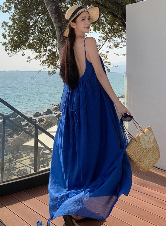 CM-DY037612 Women Trendy Bohemian Style Strap Neckline Sleeveless Maxi Dress - Blue