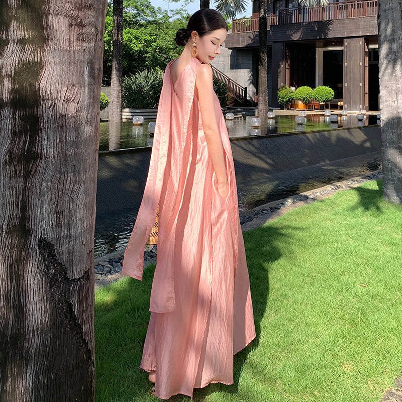 CM-DY037618 Women Elegant Seoul Style Halter Neckline Sleeveless Long Dress