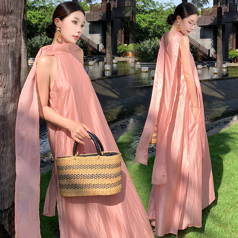 CM-DY037618 Women Elegant Seoul Style Halter Neckline Sleeveless Long Dress