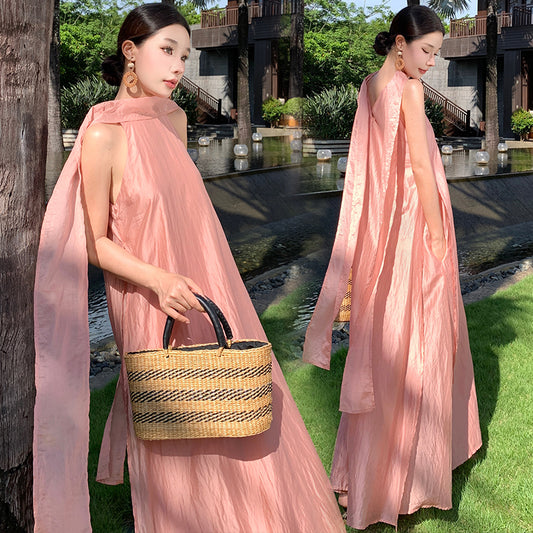 CM-DY037618 Women Elegant Seoul Style Halter Neckline Sleeveless Long Dress