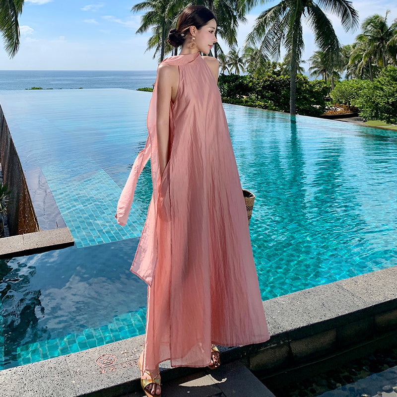 CM-DY037618 Women Elegant Seoul Style Halter Neckline Sleeveless Long Dress