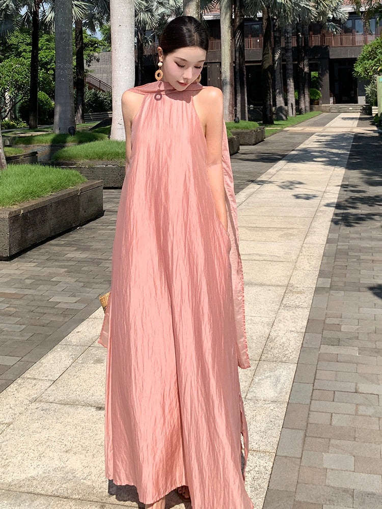 CM-DY037618 Women Elegant Seoul Style Halter Neckline Sleeveless Long Dress