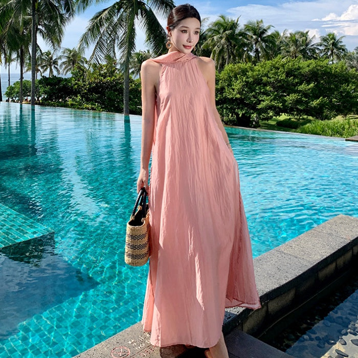 CM-DY037618 Women Elegant Seoul Style Halter Neckline Sleeveless Long Dress