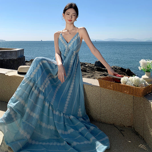 CM-DY037627 Women Trendy Bohemian Style Halter Neckline Sleeveless Maxi Dress