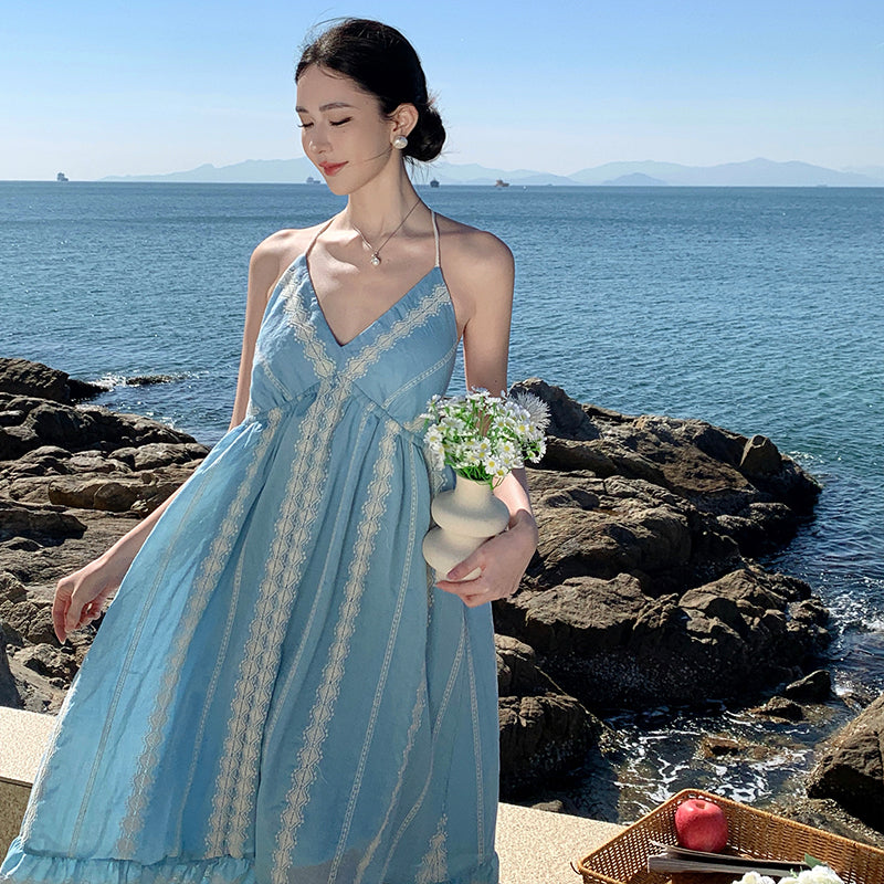 CM-DY037627 Women Trendy Bohemian Style Halter Neckline Sleeveless Maxi Dress