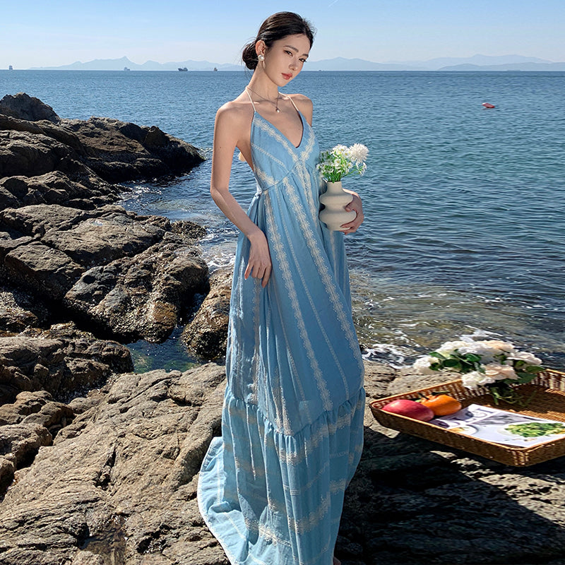 CM-DY037627 Women Trendy Bohemian Style Halter Neckline Sleeveless Maxi Dress