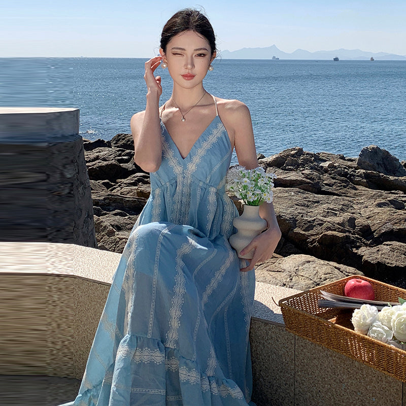 CM-DY037627 Women Trendy Bohemian Style Halter Neckline Sleeveless Maxi Dress