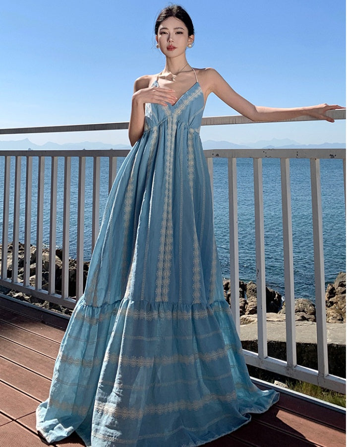 CM-DY037627 Women Trendy Bohemian Style Halter Neckline Sleeveless Maxi Dress