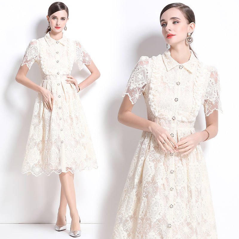 CM-DY037632 Women Elegant European Style Lace Collar Neckline Short Sleeve Single-Breasted Dress - Apricot
