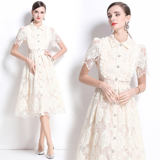 CM-DY037632 Women Elegant European Style Lace Collar Neckline Short Sleeve Single-Breasted Dress - Apricot