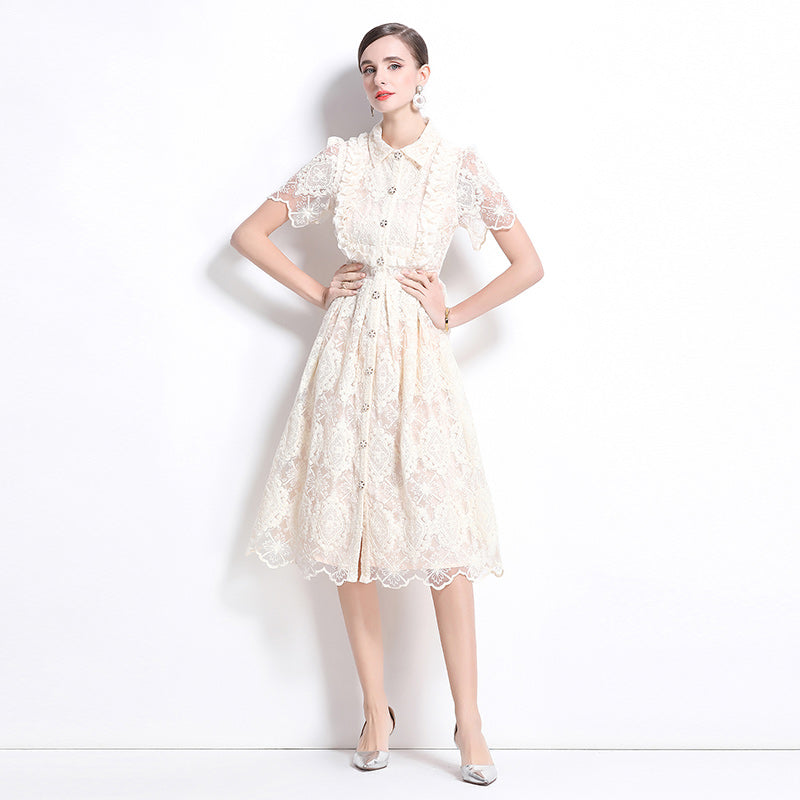 CM-DY037632 Women Elegant European Style Lace Collar Neckline Short Sleeve Single-Breasted Dress - Apricot