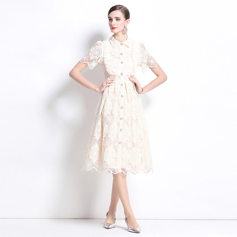 CM-DY037632 Women Elegant European Style Lace Collar Neckline Short Sleeve Single-Breasted Dress - Apricot
