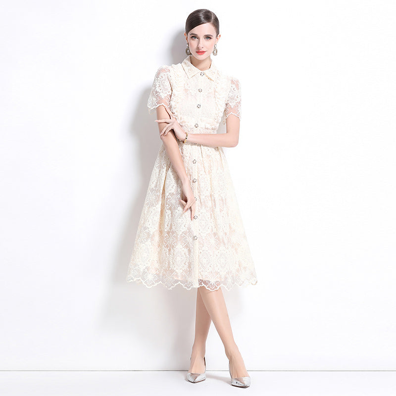 CM-DY037632 Women Elegant European Style Lace Collar Neckline Short Sleeve Single-Breasted Dress - Apricot