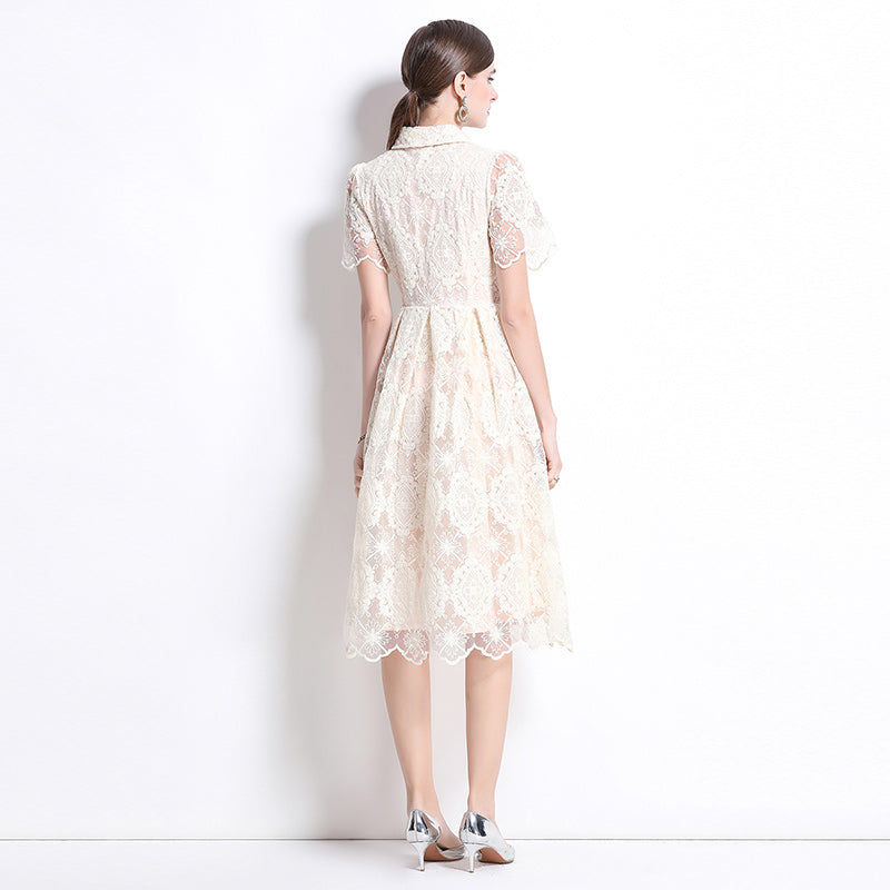 CM-DY037632 Women Elegant European Style Lace Collar Neckline Short Sleeve Single-Breasted Dress - Apricot