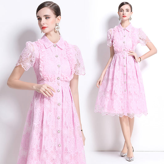 CM-DY037635 Women Elegant European Style Lace Collar Neckline Short Sleeve Single-Breasted Dress - Pink