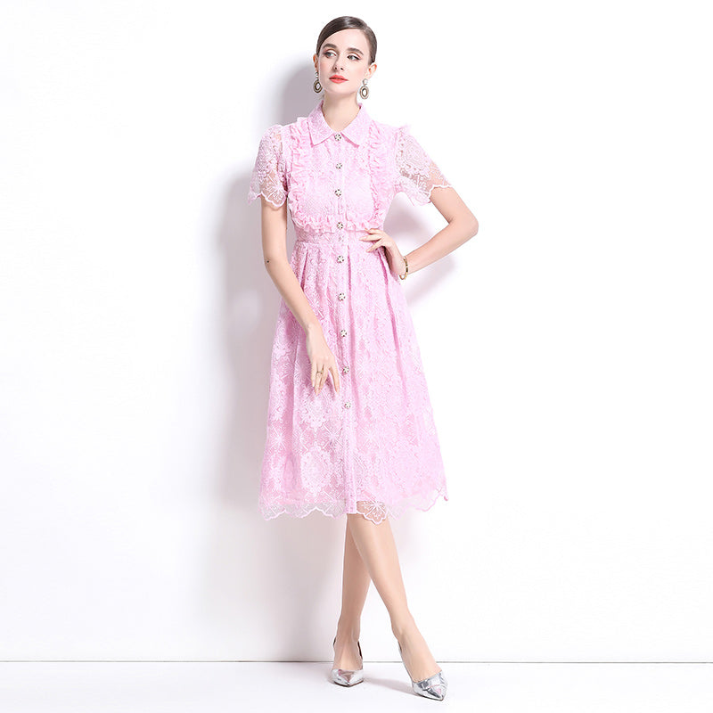CM-DY037635 Women Elegant European Style Lace Collar Neckline Short Sleeve Single-Breasted Dress - Pink