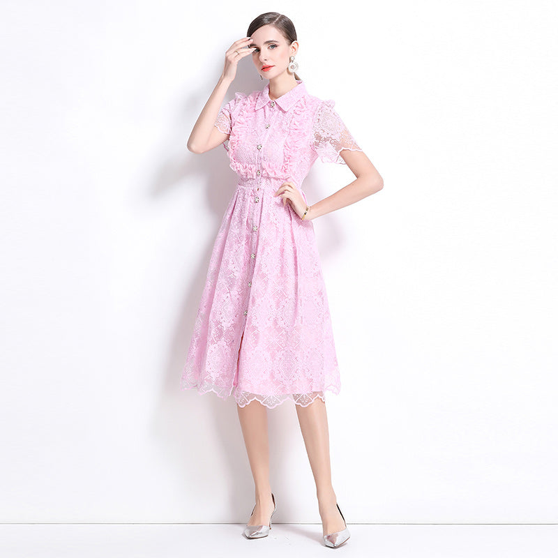 CM-DY037635 Women Elegant European Style Lace Collar Neckline Short Sleeve Single-Breasted Dress - Pink