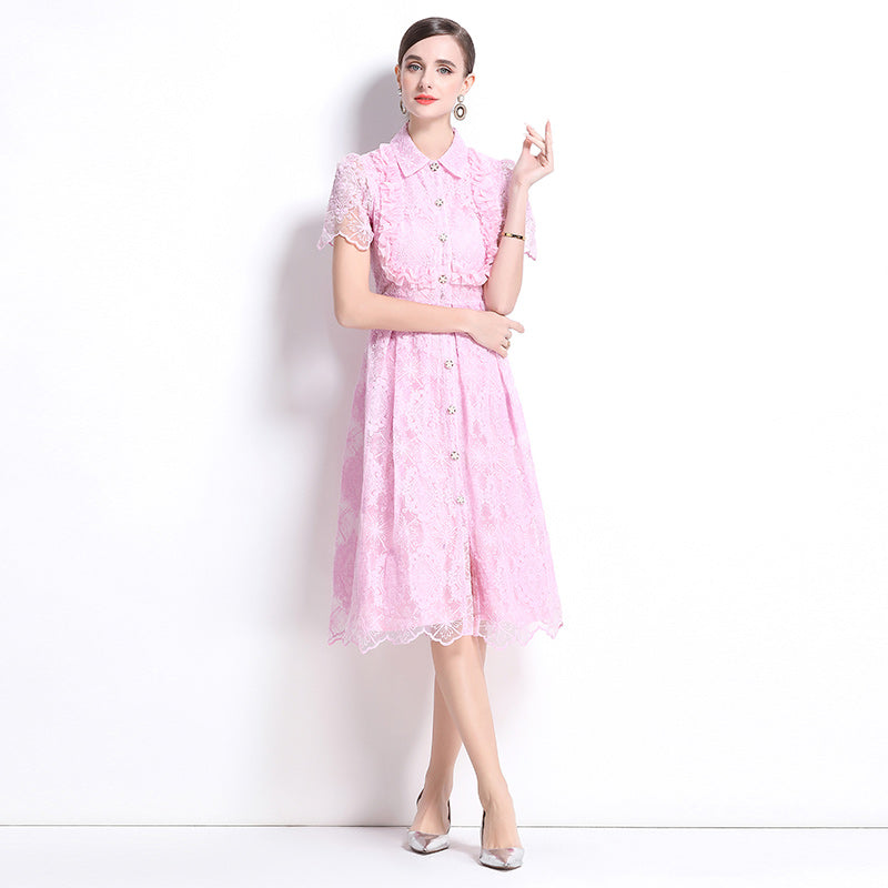 CM-DY037635 Women Elegant European Style Lace Collar Neckline Short Sleeve Single-Breasted Dress - Pink