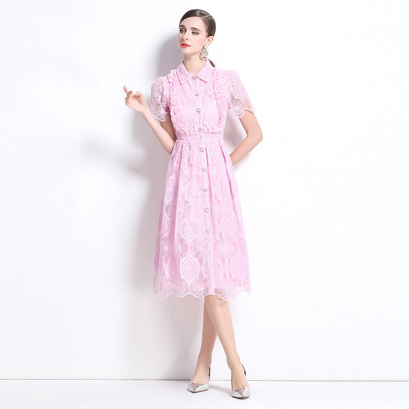 CM-DY037635 Women Elegant European Style Lace Collar Neckline Short Sleeve Single-Breasted Dress - Pink