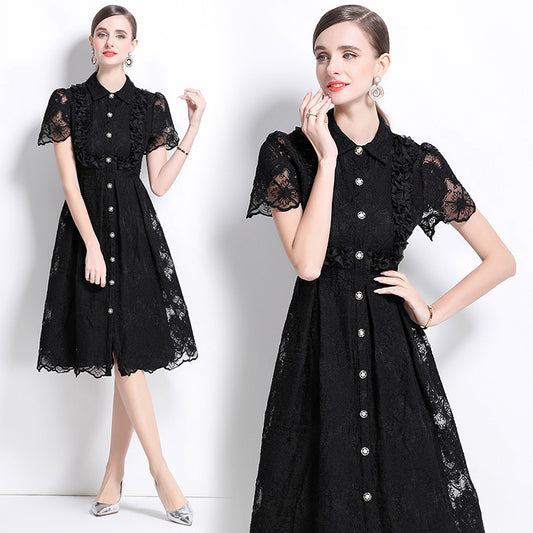 CM-DY037636 Women Elegant European Style Lapel Neckline Short Sleeve Single-Breasted Midi Dress - Black