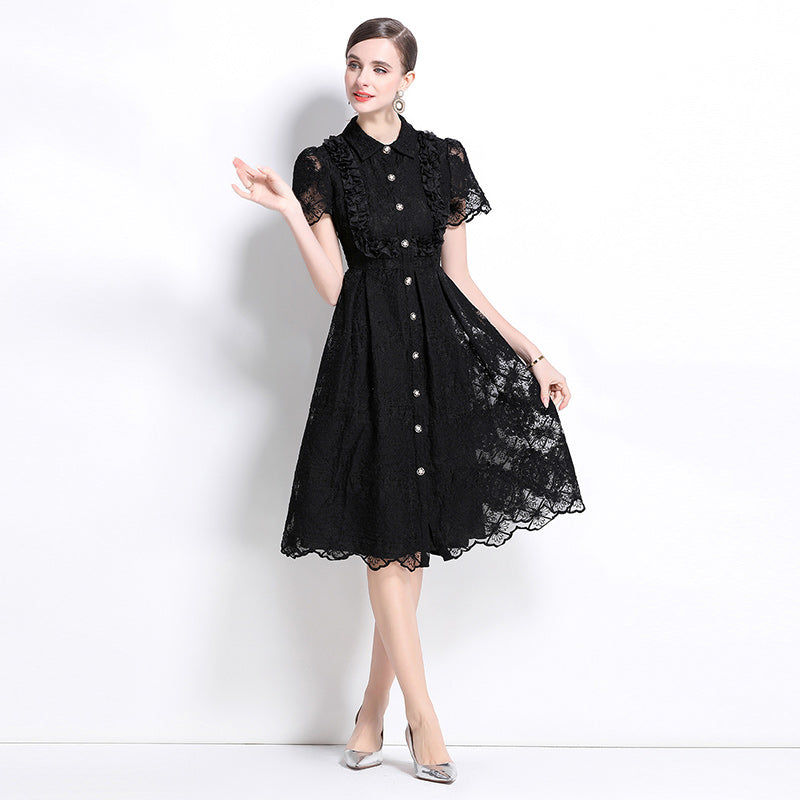 CM-DY037636 Women Elegant European Style Lapel Neckline Short Sleeve Single-Breasted Midi Dress - Black