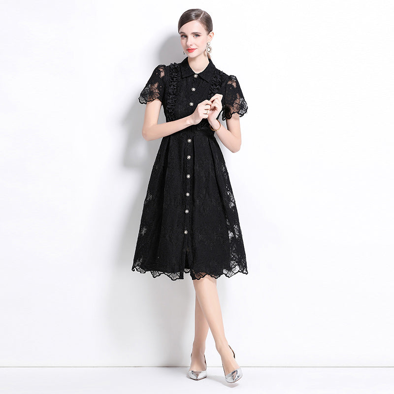 CM-DY037636 Women Elegant European Style Lapel Neckline Short Sleeve Single-Breasted Midi Dress - Black