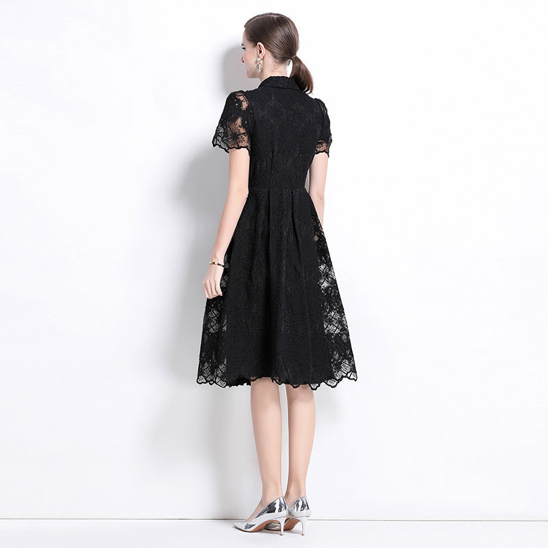 CM-DY037636 Women Elegant European Style Lapel Neckline Short Sleeve Single-Breasted Midi Dress - Black