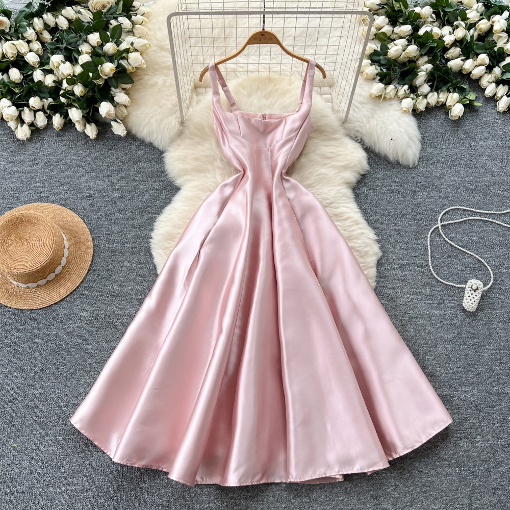 CM-DY037942 Women Elegant European Style Square Neck Spaghetti Strap High Waist Mid-Length Dress - Pink