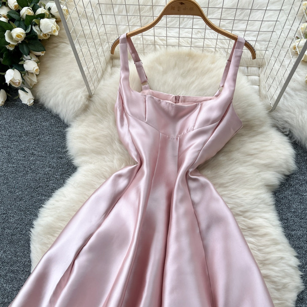CM-DY037942 Women Elegant European Style Square Neck Spaghetti Strap High Waist Mid-Length Dress - Pink