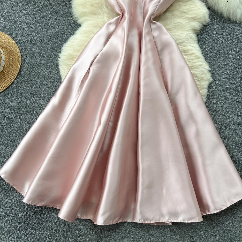 CM-DY037942 Women Elegant European Style Square Neck Spaghetti Strap High Waist Mid-Length Dress - Pink