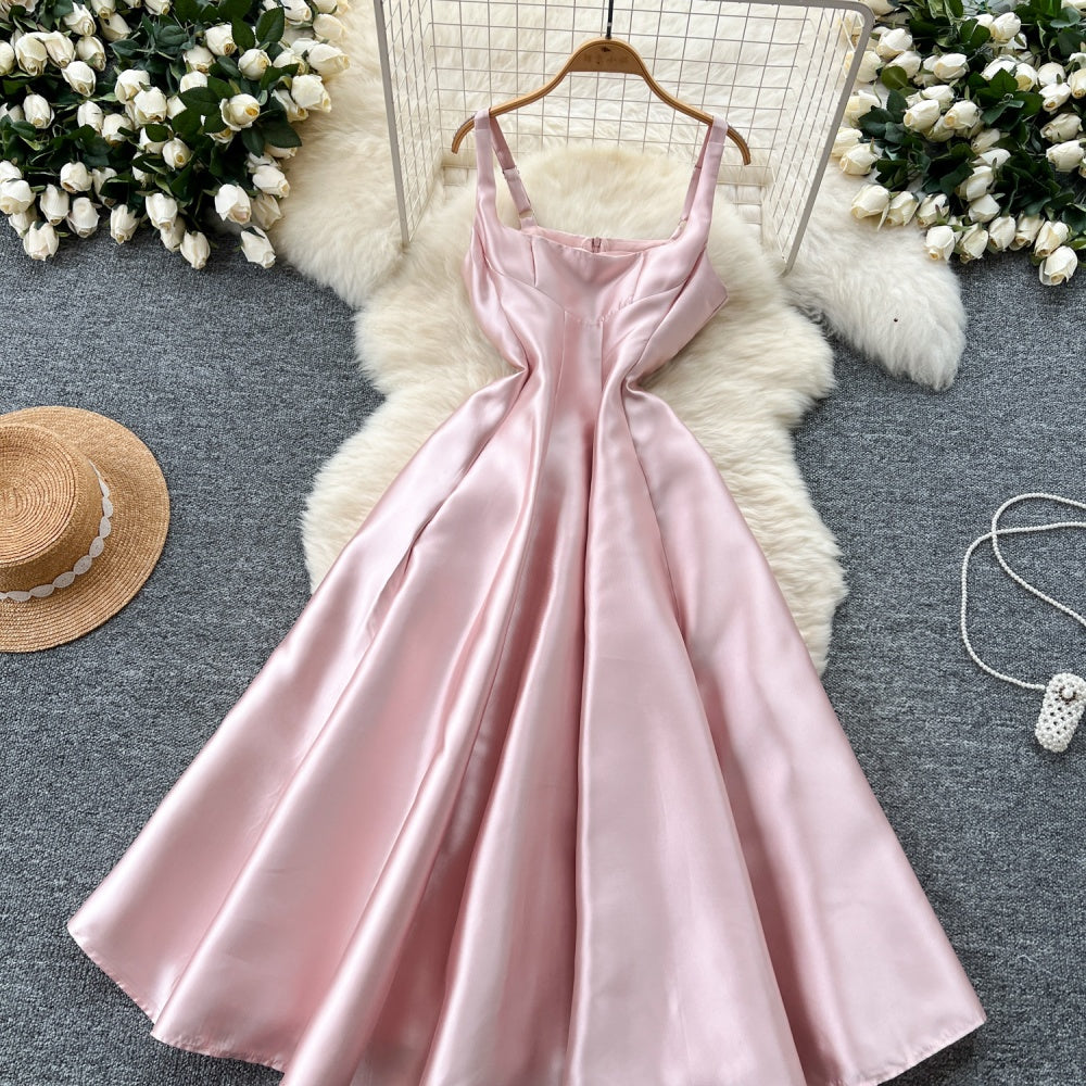 CM-DY037942 Women Elegant European Style Square Neck Spaghetti Strap High Waist Mid-Length Dress - Pink