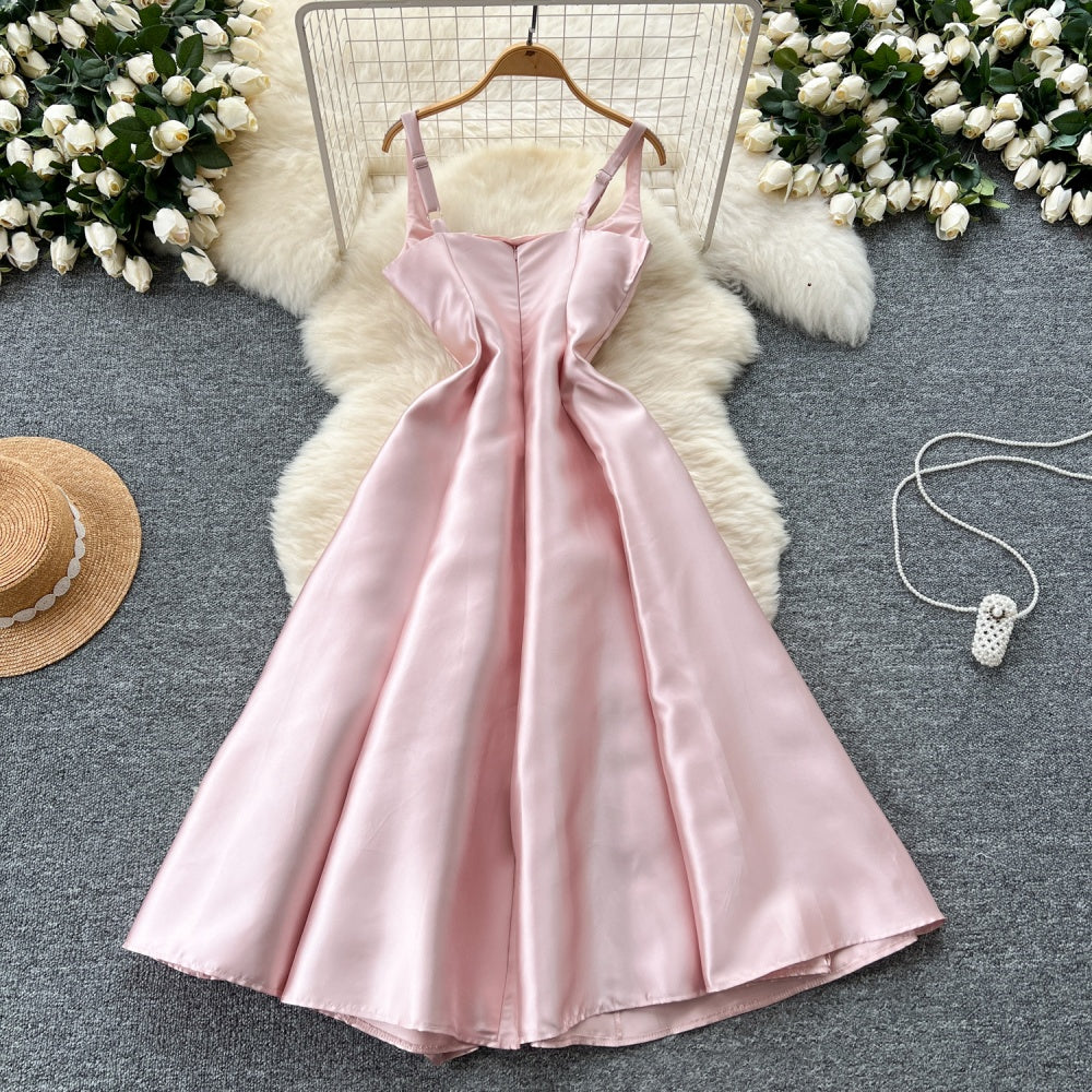 CM-DY037942 Women Elegant European Style Square Neck Spaghetti Strap High Waist Mid-Length Dress - Pink
