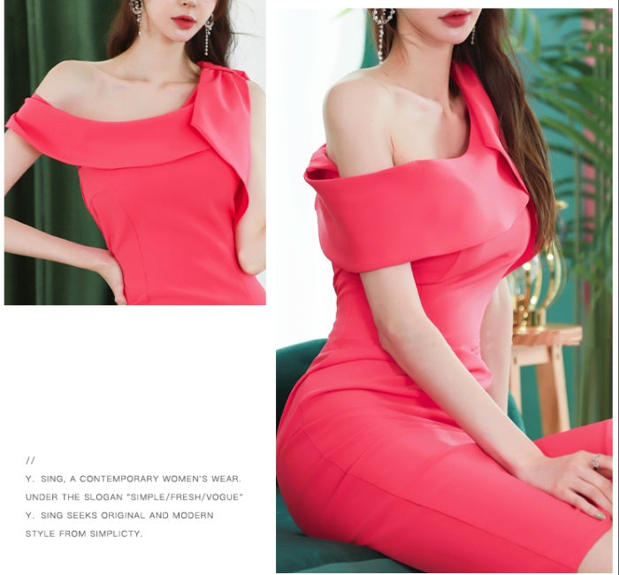 CM-DY038128 Women Elegant Seoul Style Bow Decor Off the Shoulder Sleeveless Slim Dress