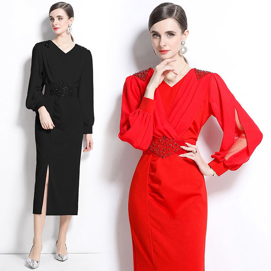 CM-DY038159 Women Elegant European Style V-Neck Long Sleeve Belted Midi Dress (Available in 2 colors)