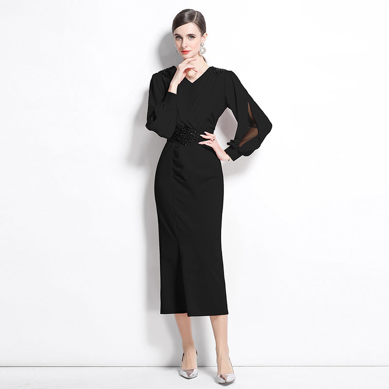 CM-DY038159 Women Elegant European Style V-Neck Long Sleeve Belted Midi Dress (Available in 2 colors)