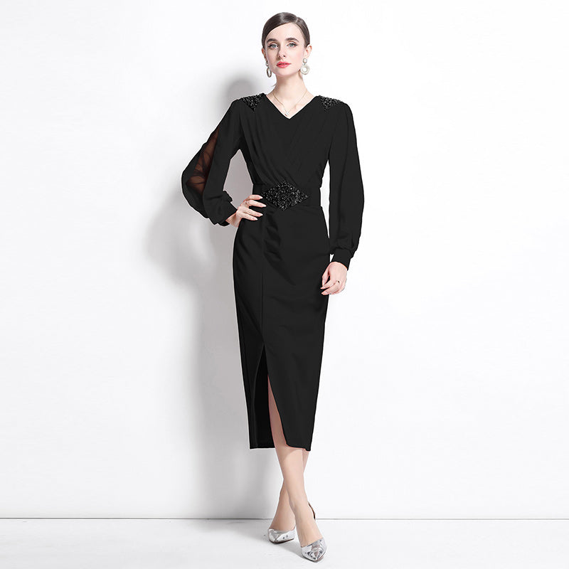 CM-DY038159 Women Elegant European Style V-Neck Long Sleeve Belted Midi Dress (Available in 2 colors)