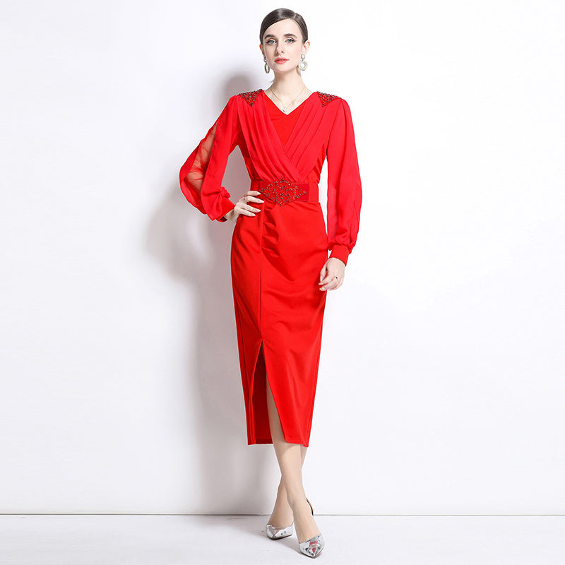 CM-DY038159 Women Elegant European Style V-Neck Long Sleeve Belted Midi Dress (Available in 2 colors)
