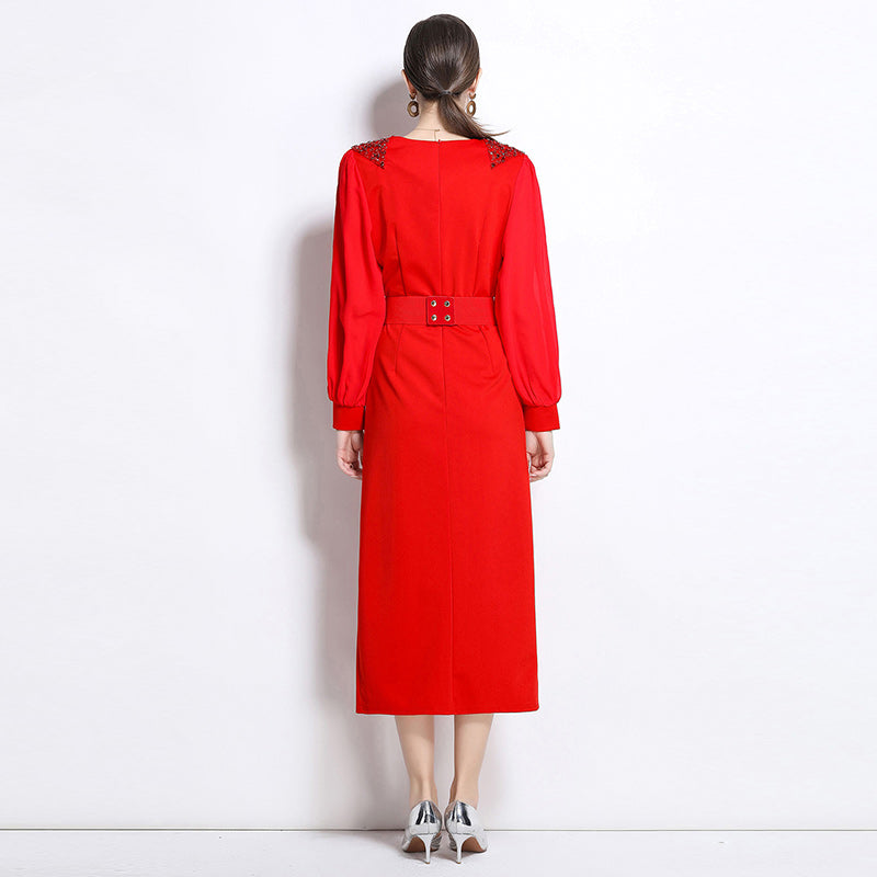 CM-DY038159 Women Elegant European Style V-Neck Long Sleeve Belted Midi Dress (Available in 2 colors)