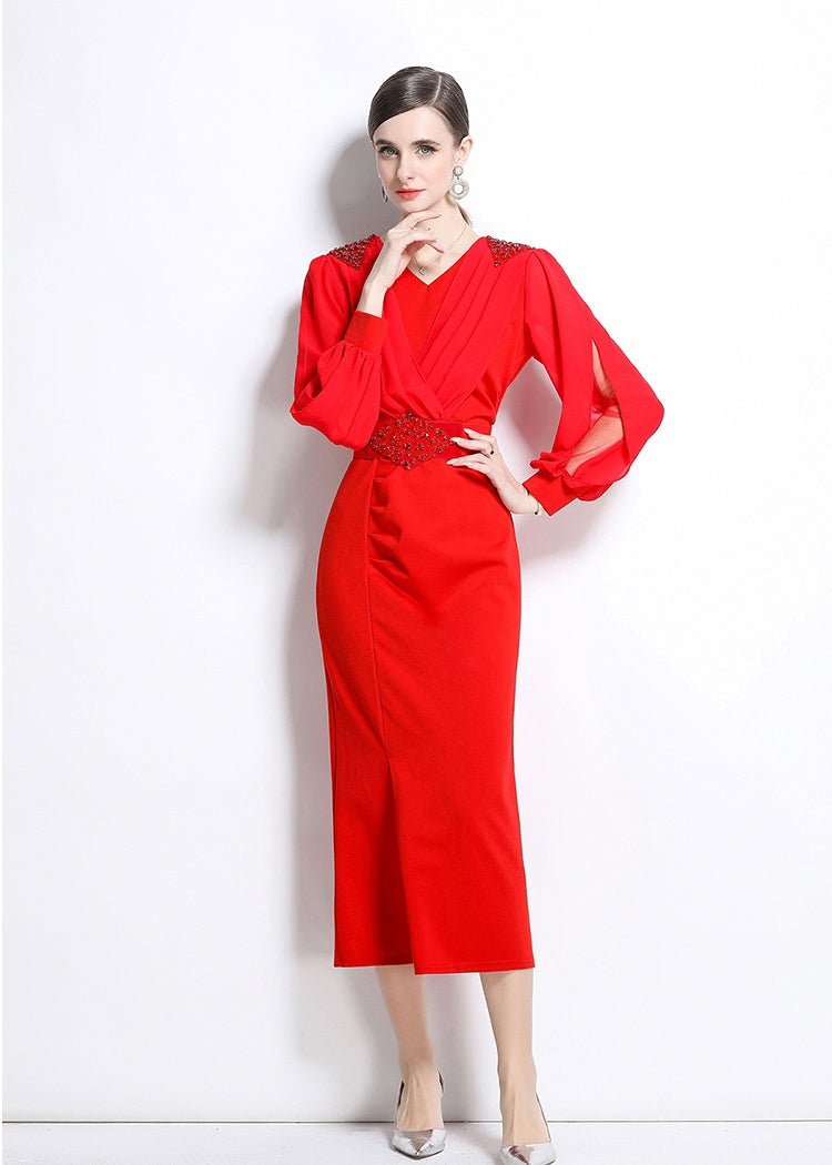 CM-DY038159 Women Elegant European Style V-Neck Long Sleeve Belted Midi Dress (Available in 2 colors)