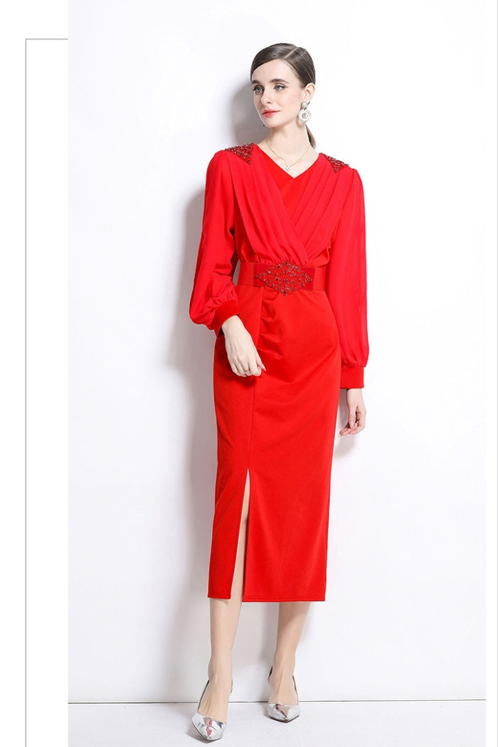 CM-DY038159 Women Elegant European Style V-Neck Long Sleeve Belted Midi Dress (Available in 2 colors)
