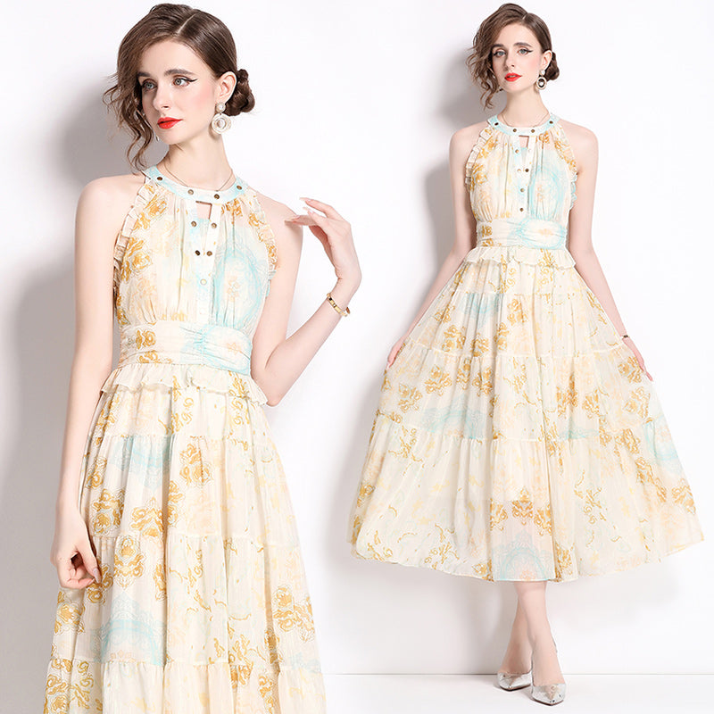 CM-DY038218 Women Elegant European Style Halter Sleeveless Floral Print Midi Dress - Yellow