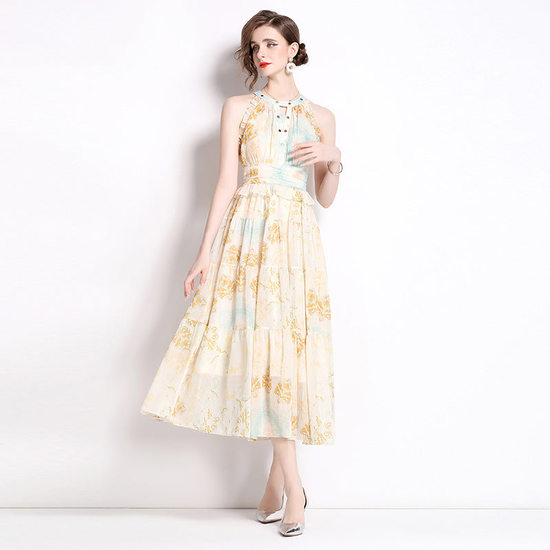 CM-DY038218 Women Elegant European Style Halter Sleeveless Floral Print Midi Dress - Yellow