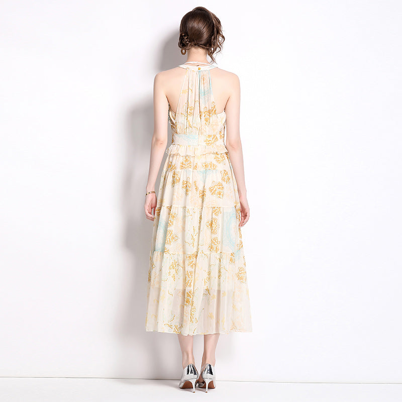 CM-DY038218 Women Elegant European Style Halter Sleeveless Floral Print Midi Dress - Yellow