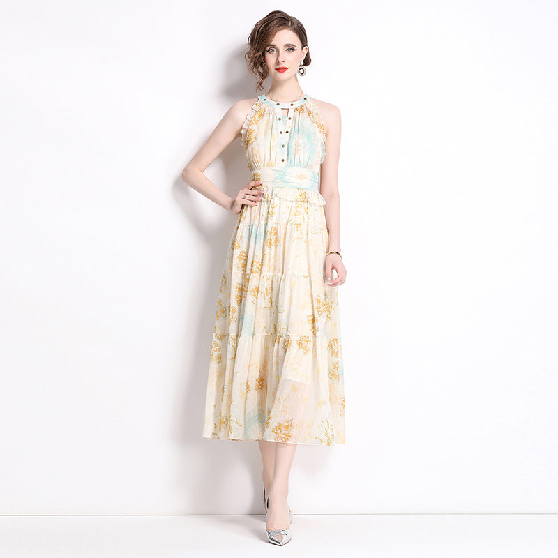 CM-DY038218 Women Elegant European Style Halter Sleeveless Floral Print Midi Dress - Yellow