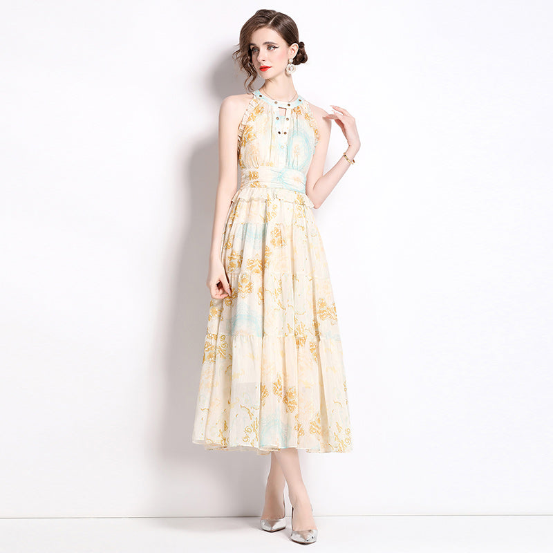 CM-DY038218 Women Elegant European Style Halter Sleeveless Floral Print Midi Dress - Yellow