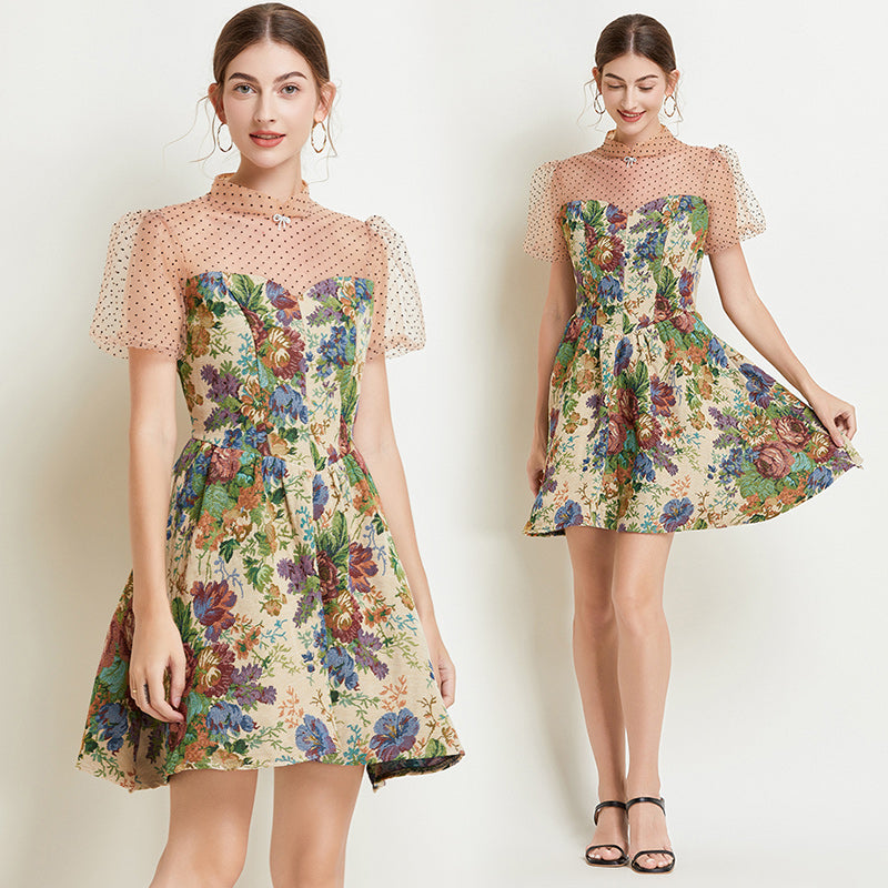 CM-DY038221 Women Elegant European Style Stand Collar Lantern Sleeve Lace Jacquard Mini Dress