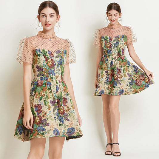 CM-DY038221 Women Elegant European Style Stand Collar Lantern Sleeve Lace Jacquard Mini Dress